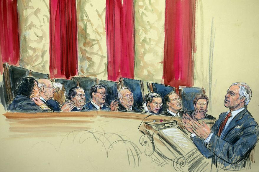 This artist rendering shows attorney Charles J. Cooper, right, addressing the Supreme Court in Washington, Tuesday, March 26, 2013, as the court heard arguments on California's ban on same-sex marriage. Justices, from left are, Sonia Sotomayor, Stephen Breyer, Clarence Thomas, Antonin Scalia, Chief Justice John Roberts, and Justices Anthony Kennedy, Ruth Bader Ginsburg, Samuel Alito and Elena Kagan. (AP Photo/Dana Verkouteren)
