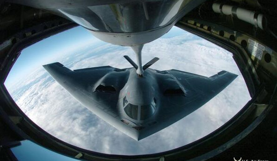 A B-2 stealth bomber refuels. The U.S. Embassy in Seoul tweeted the photo on March 28, 2013, with the caption: &quot;Two B-2 bombers flew over South Korea today, demonstrating the US’s ability to conduct precision strikes at will.&quot; (Image: U.S. Embassy, Seoul) ** FILE **