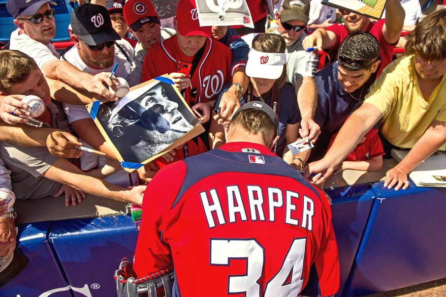 After each day of spring training in Viera, Fla., Bryce Harper spent time signing autographs. The popular Washington Nationals outfielder makes children a priority over waiting adults, who could fetch thousands of dollars at online auctions for merchandise he has signed. (Andrew Harnik/The Washington Times)