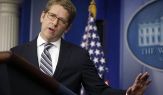 White House press secretary Jay Carney answers questions during his daily news briefing at the White House in Washington on Monday, April 1, 2013. (AP Photo/Pablo Martinez Monsivais)