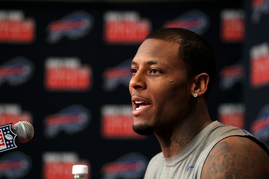 **FILE** Buffalo Bills WR Stevie Johnson speaks at the start of the team's voluntary off-season conditioning program at the team's NFL football training facility in Orchard Park, N.Y., on April 2, 2013. (Associated Press)