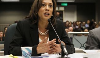 **FILE** California Attorney General Kamala Harris appears May 10, 2012, before an Assembly committee at the Capitol in Sacramento, Calif. (Associated Press)