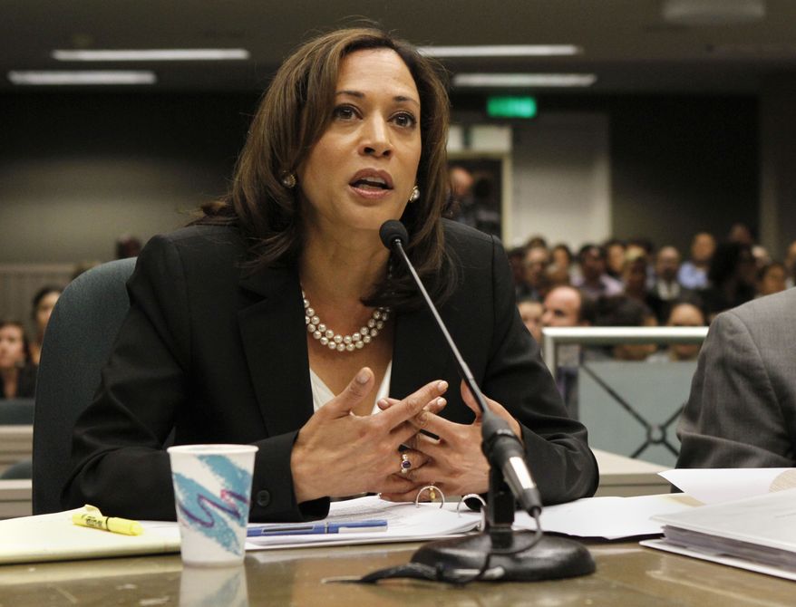 **FILE** California Attorney General Kamala Harris appears May 10, 2012, before an Assembly committee at the Capitol in Sacramento, Calif. (Associated Press)