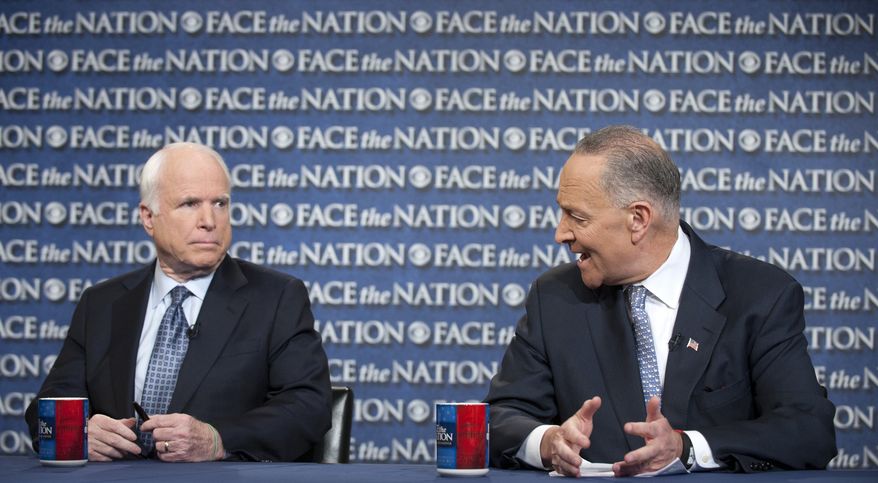 **FILE** Sens. John McCain (left), Arizona Republican, and Sen. Charles E. Schumer, New York Democrat, appear on CBS&#x27; &quot;Face the Nation&quot; on April 7, 2013. (Associated Press/CBS News)