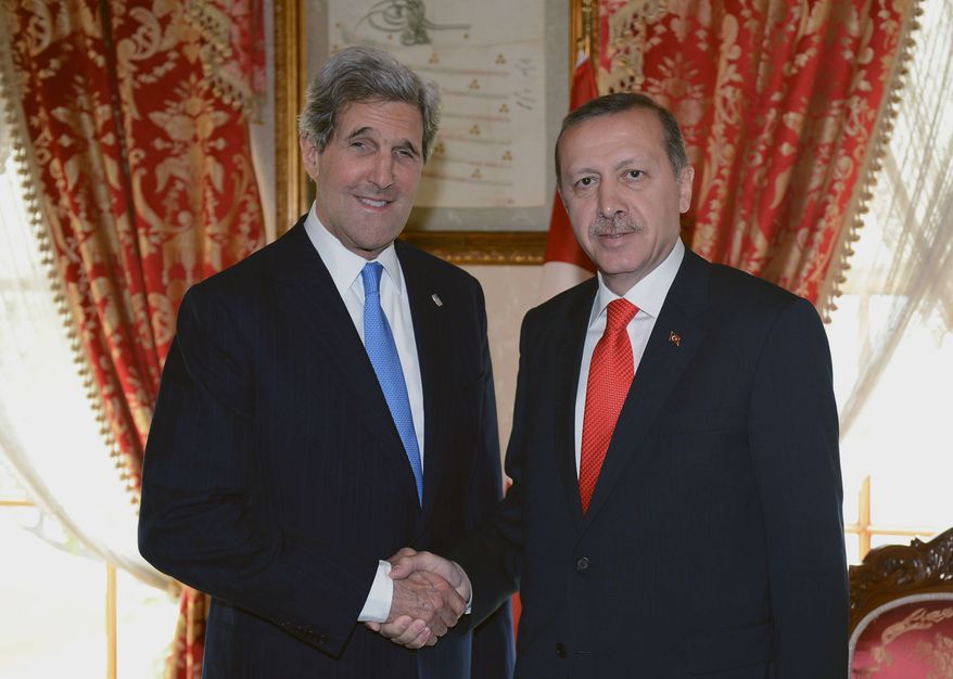 Turkish Prime Minister Recep Tayyip Erdogan (right) and U.S. Secretary of State John F. Kerry shake hands before a meeting in Istanbul on Sunday, April 7, 2013. Mr. Kerry will coordinate with Mr. Erdogan and other Turkish officials on efforts to halt the violence in neighboring Syria&#x27;s civil war. (AP Photo/Kayhan Ozer, Turkish Prime Minister&#x27;s Press Office)