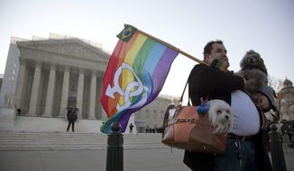 **FILE** Marcos German Domingues of Massachusetts stands with his dogs Sophia (left) and Georg in front of the Supreme Court in Washington on March 27, 2013. (Associated Press)