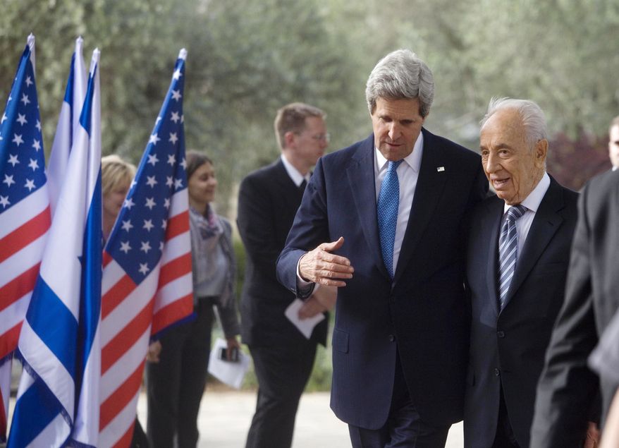 Israel's President Shimon Peres, right, meets with U.S. Secretary of State John Kerry in the president'sresidence in Jerusalem, Monday, April, 8, 2013. (AP Photo/Dan Balilty, Pool)