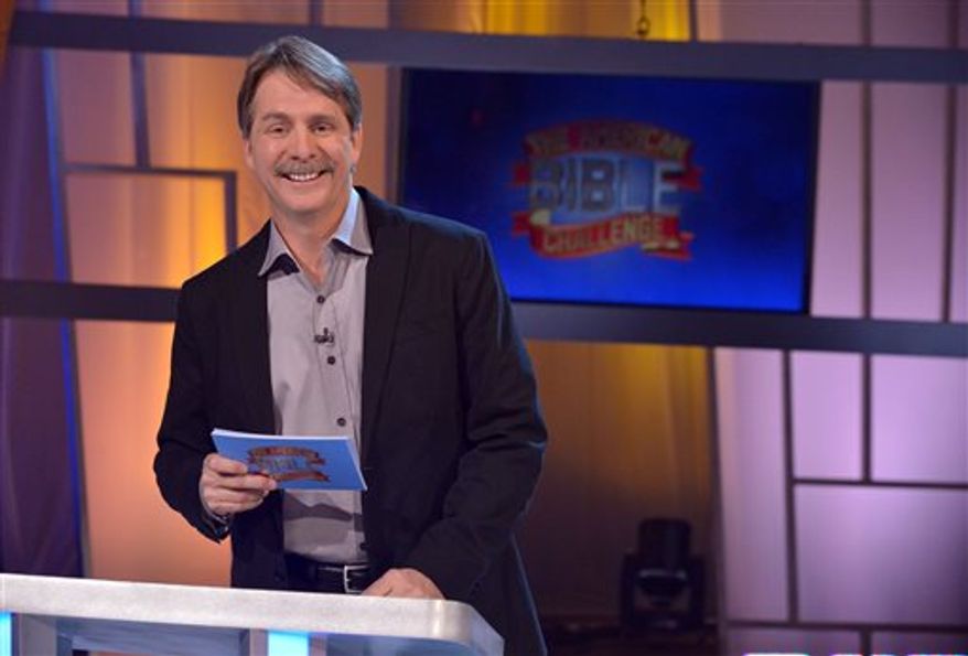 The Game Show Network looks to build on the success of "The American Bible Challenge," hosted by Jeff Foxworthy (shown here on the set of the runaway hit), with a church-based dating show it's developing called "It Takes a Church," where church parishioners compete to find a love interest for a single member of the congregation. (AP Photo/Game Show Network, Lisa Rose)