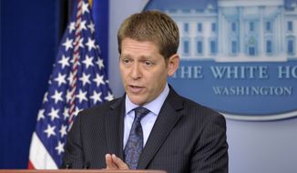 White House press secretary Jay Carney gives his daily briefing at the White House in Washington on Tuesday, April 9, 2013. (AP Photo/Susan Walsh)