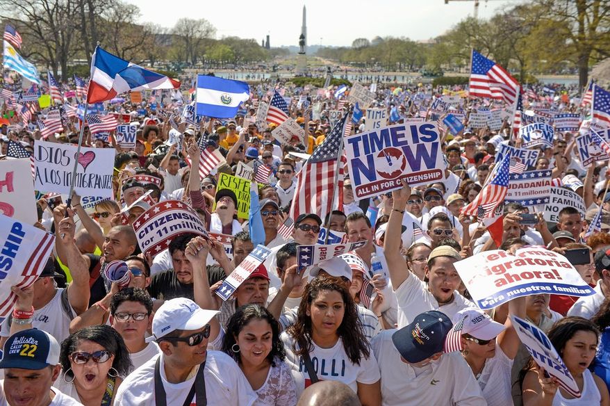 ** FILE ** In this April 10, 2013, file photo, thousands of people from across the country turned out for the National Rally for Citizenship as a bipartisan group of lawmakers worked to finalize legislation that would reform the nation's immigration policy. (Andrew Harnik/The Washington Times)