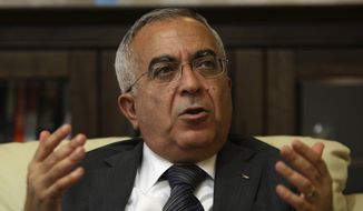 In this June 28, 2011, file photo, then-Palestinian Prime Minister Salam Fayyad speaks during an interview with The Associated Press in the West Bank city of Ramallah. (AP Photo/Majdi Mohammed, File)