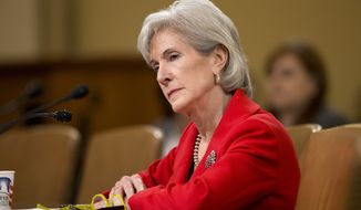 ** FILE ** Health and Human Services Secretary Kathleen Sebelius testifies on Capitol Hill in Washington on Friday, April 12, 2013, before a House Ways and Means Committee hearing on President Obama&#39;s budget proposal for the HHS for fiscal 2014. (Associated Press)