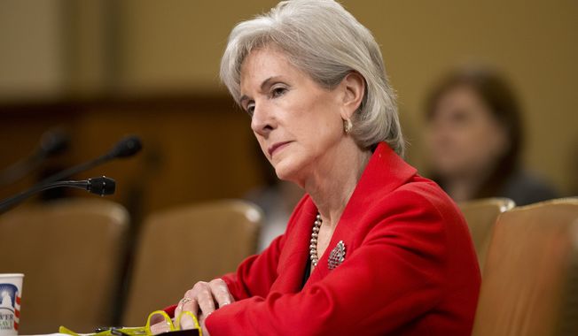 ** FILE ** Health and Human Services Secretary Kathleen Sebelius testifies on Capitol Hill in Washington on Friday, April 12, 2013, before a House Ways and Means Committee hearing on President Obama&#x27;s budget proposal for the HHS for fiscal 2014. (Associated Press)