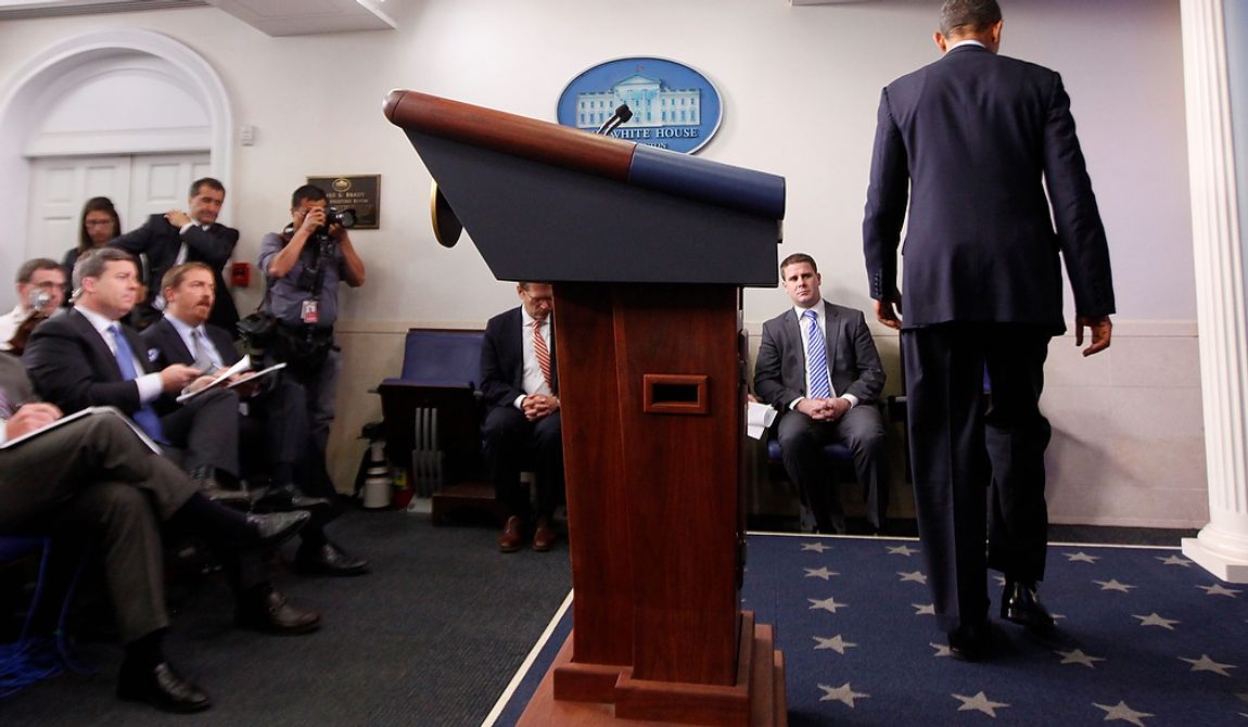 President Obama leaves the podium after speaking in the James Brady Press Briefing Room at the White House in Washington on April 15, 2013, following the explosions at the Boston Marathon. (Associated Press)