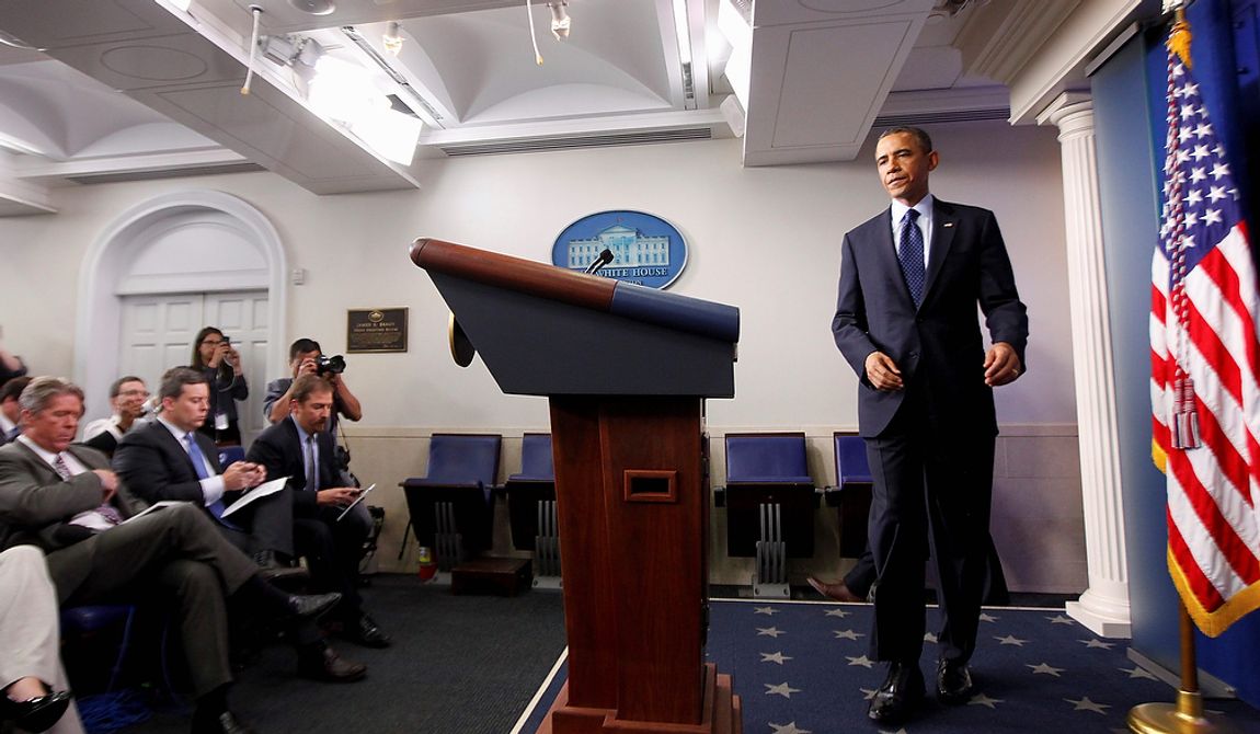 President Barack Obama arrives to speak in the James Brady Press Briefing Room at the White House in Washington, Monday, April 15, 2013, following the explosions at the Boston Marathon. (AP Photo/Charles Dharapak)