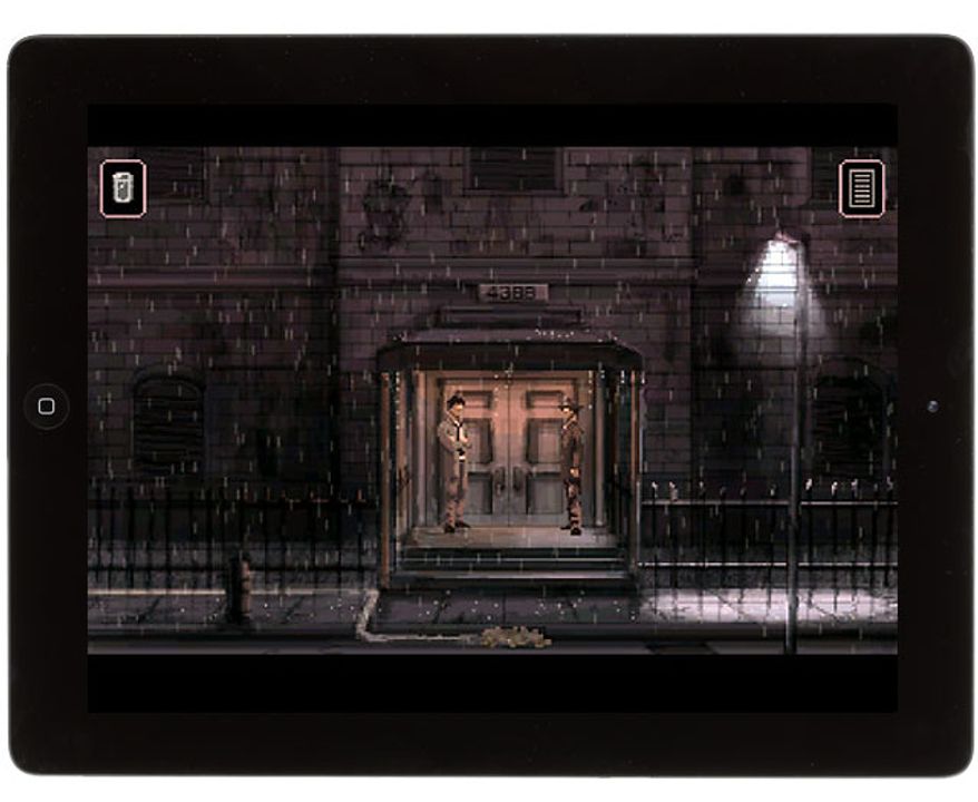The rain never seems to stop in the sci-fi noir iPad game Gemini Rue.