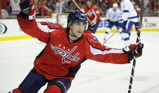 Washington Capitals defenseman Jack Hillen (38) celebrates his goal against the Tampa Bay Lightning during the first period of an NHL hockey game, Saturday, April 13, 2013, in Washington. (AP Photo/Nick Wass)