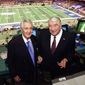 Pat Summerall, left, and John Madden stand in the booth at Louisiana Superdome before the NFL Super Bowl XXXVI football game in New Orleans, Feb. 3, 2002. Fox Sports spokesman Dan Bell said Tuesday, April 16, 2013, that Summerall, the NFL player-turned-broadcaster whose deep, resonant voice called games for more than 40 years, has died at the age of 82. (Associated Press)