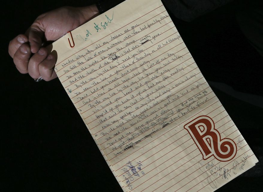 Handwritten lyrics and notes by Brian Wilson from his notebook are displayed in London on April 18, 2013. A large collection of the Beach Boys' early compositions, contracts, publishing agreements, handwritten songs and musical manuscripts will be auctioned this month in one lot. (Associated Press)