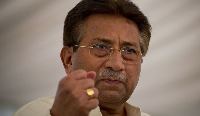 ** FILE ** Former Pakistani President Pervez Musharraf addresses his party supporters on April 15, 2013, at his house in Islamabad. (Associated Press)