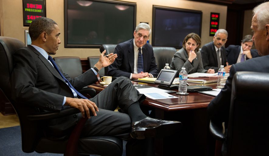 President Barack Obama meets with members of his national security team to discuss developments in the Boston bombings investigation, in the Situation Room of the White House, April 19, 2013. Pictured, from left, are: FBI Director Robert Mueller; Lisa Monaco, Assistant to the President for Homeland Security and Counterterrorism; Attorney General Eric Holder; Deputy National Security Advisor Tony Blinken; and Vice Persident Joe Biden. (Official White House Photo by Pete Souza)
