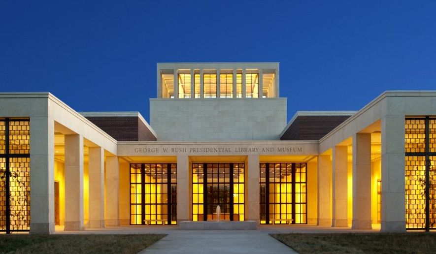 The George W. Bush Presidential Center in Dallas, showing the monumental main entrance of the 17-acre site.