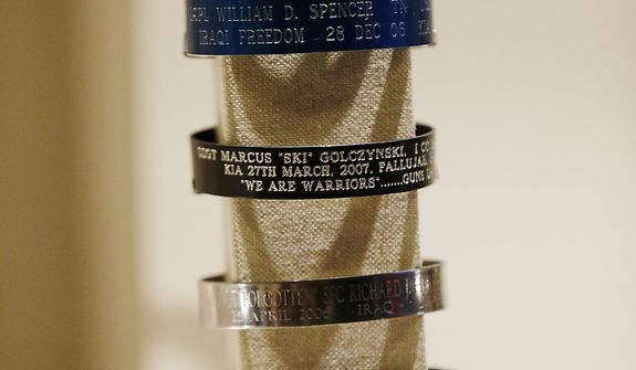 Memorial bracelets of captured or killed service members, that were given to President George W. Bush, are seen on display during a tour of the George W. Bush Presidential Center Wednesday, April 24, 2013, in Dallas.  More than 8,000 people are expected to attend the invitation-only dedication of the center, Thursday, April 25, which will house the presidential library and museum along with the 43rd president&amp;#195;&amp;#173;s policy institute. It opens to the public on May 1. (AP Photo/David J. Phillip) 