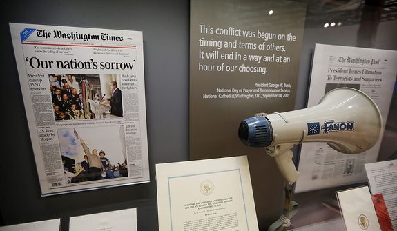 The bullhorn President George W. Bush used at ground zero in the wake of the Sept. 11, 2001 terrorist attacks is seen during a tour of the George W. Bush Presidential Center Wednesday, April 24, 2013, in Dallas. More than 8,000 people are expected to attend the invitation-only dedication of the center, Thursday, April 25, which will house the presidential library and museum along with the 43rd president&amp;#195;&amp;#173;s policy institute. It opens to the public on May 1. (AP Photo/David J. Phillip) 