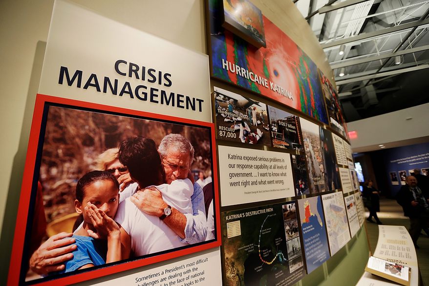 A display about crisis management is seen during a tour of the George W. Bush Presidential Center Wednesday, April 24, 2013, in Dallas. More than 8,000 people are expected to attend the invitation-only dedication of the center, Thursday, April 25, which will house the presidential library and museum along with the 43rd presidentís policy institute. It opens to the public on May 1. (AP Photo/David J. Phillip)