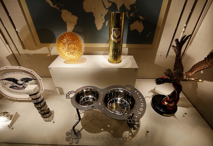 An ornate dog dish is among gifts given to President George W. Bush that are seen on display during a tour of the George W. Bush Presidential Center Wednesday, April 24, 2013, in Dallas. (AP Photo/David J. Phillip)