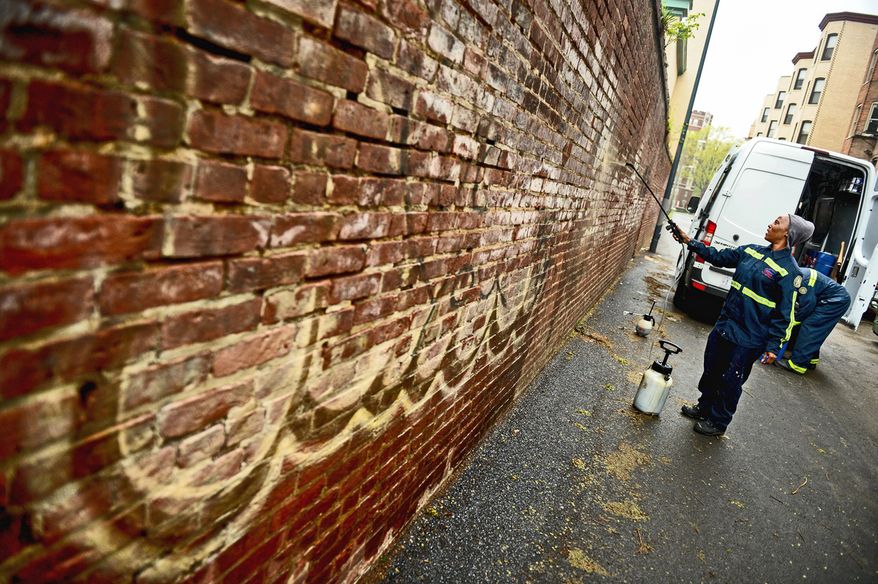 Denita Taylor of the District's six-person graffiti cleanup crew sprays chemicals to remove spray paint in an alley near 14th and U streets Northwest on Thursday. (Andrew Harnik/The Washington Times)