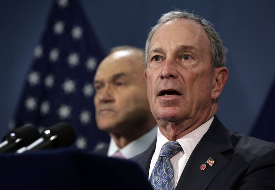 ** FILE ** New York Mayor Michael Bloomberg, right, accompanied by Police Commissioner Raymond Kelly, addresses a news conference in the Blue Room of New York's City Hall, Tuesday, April 16, 2013. (AP Photo/Richard Drew)