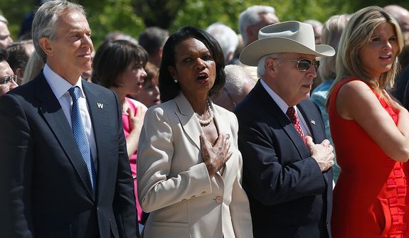 From left, former British Prime Minister Tony Blair, former Secretary of State Condoleezza Rice, former Vice President Dick Cheney, and former President George W. Bush&#39;s daughter Jenna Bush Hager, participate in the singing of &quot;God Bless America&quot; at the dedication of the George W. Bush presidential library on the campus of Southern Methodist University in Dallas, Thursday, April 25, 2013. (AP Photo/Charles Dharapak)