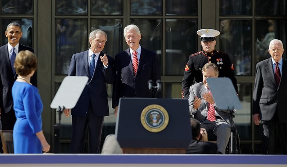 President Barack Obama, and former presidents, from second from left, George W. Bush, Bill Clinton, George H.W. Bush and Jimmy Carter arrive for the dedication of the George W. Bush Presidential Center ,Thursday, April 25, 2013, in Dallas. (AP Photo/David J. Phillip)
