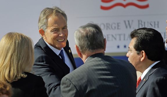 Former British Prime Minister Tony Blair arrives for the dedication of the George W. Bush Presidential Center ,Thursday, April 25, 2013, in Dallas. (AP Photo/David J. Phillip)