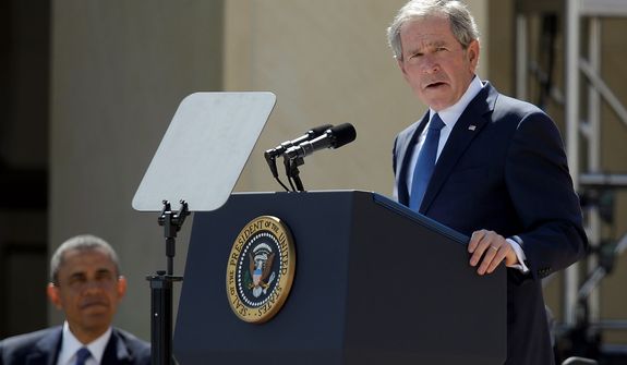 ** FILE ** Former President George W. Bush speaks as President Obama listens during the dedication of the George W. Bush Presidential Center on Thursday, April 25, 2013, in Dallas. (AP Photo/Tony Gutierrez, Pool)