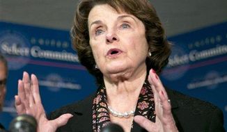 ** FILE ** Sen. Dianne Feinstein, California Democrat, who chairs the Senate Intelligence Committee, speaks with reporters following a closed-door briefing by intelligence agencies on Capitol Hill in Washington on Tuesday, April 23, 2013. (Associated Press)