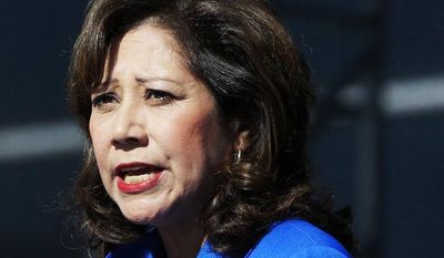 **FILE** Labor Secretary Hilda Solis addresses employees outside the Flat Rock Assembly in Flat Rock, Mich., on Sept. 10, 2012. (Associated Press)