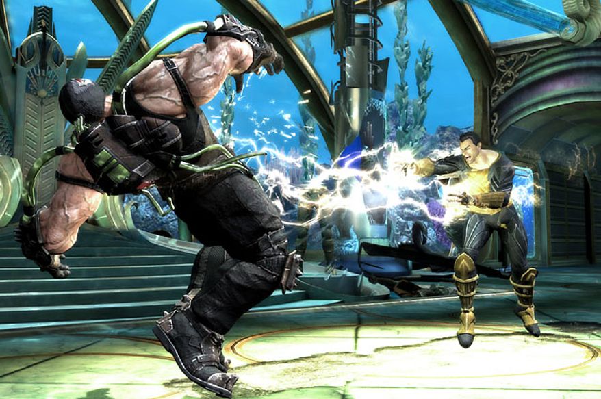 Black Adam blasts Bane in the video game Injustice: Gods Among Us.