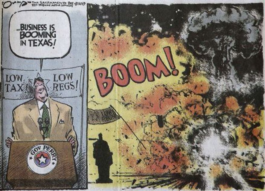 An editorial cartoon that depicts Texas Gov. Rick Perry boasting about business booming in his state and then shows an explosion, that was featured in Thursday's edition of The Sacramento Bee newspaper, in Sacramento, Calif., Friday, April 26. (AP Photo)