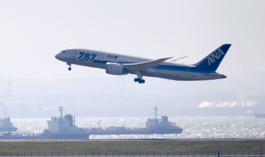 A Boeing 787 "Dreamliner" aircraft belonging to Japan's All Nippon Airways takes off from Haneda Airport in Tokyo at the start of a test flight on Sunday, April 28, 2013. (AP Photo/Kyodo News)