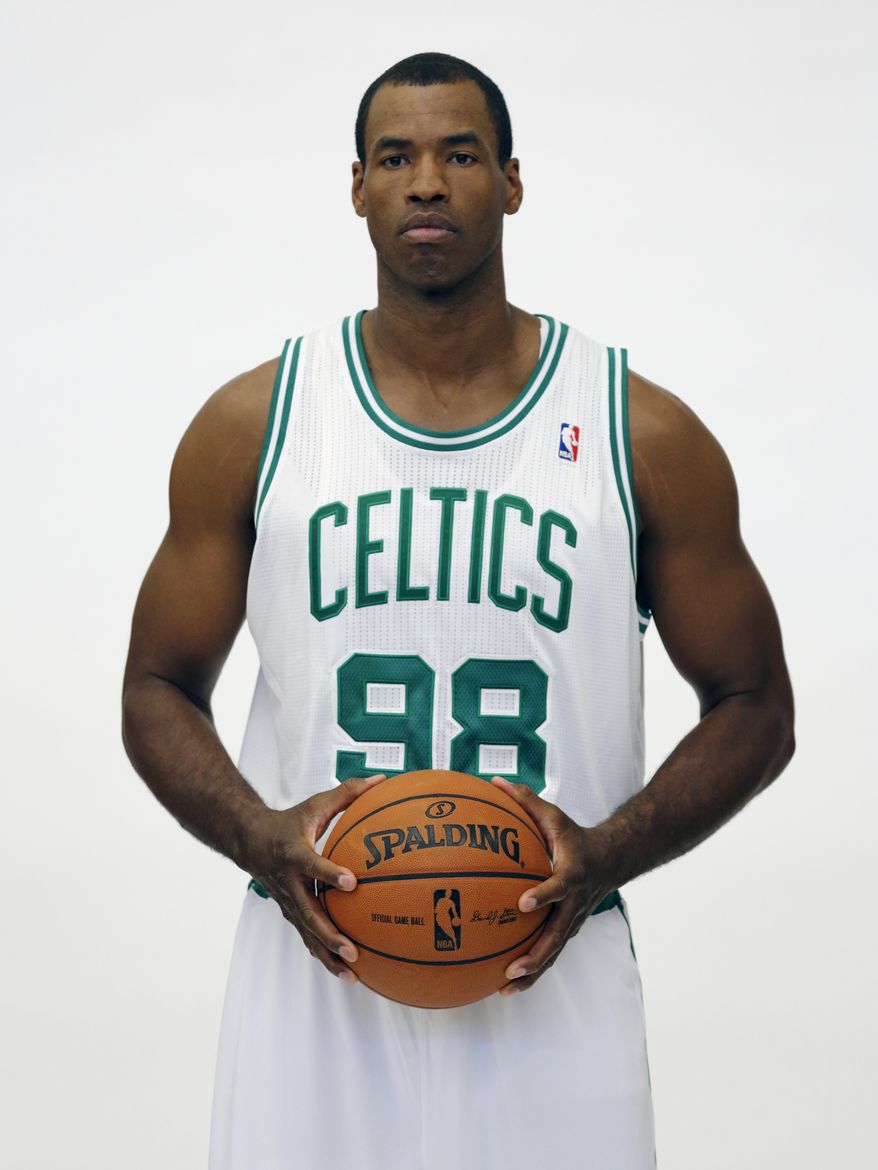 In a Friday, Sept. 28, 2012 file photo, Boston Celtics' Jason Collins poses during Celtics NBA basketball media day at the team's training facility in Waltham, Mass. NBA veteran center Collins has become the first male professional athlete in the major four American sports leagues to come out as gay. Collins wrote a first-person account posted Monday, April 29, 2013 on Sports Illustrated's website. He finished this past season with the Washington Wizards and is now a free agent. (AP Photo/Michael Dwyer, File)