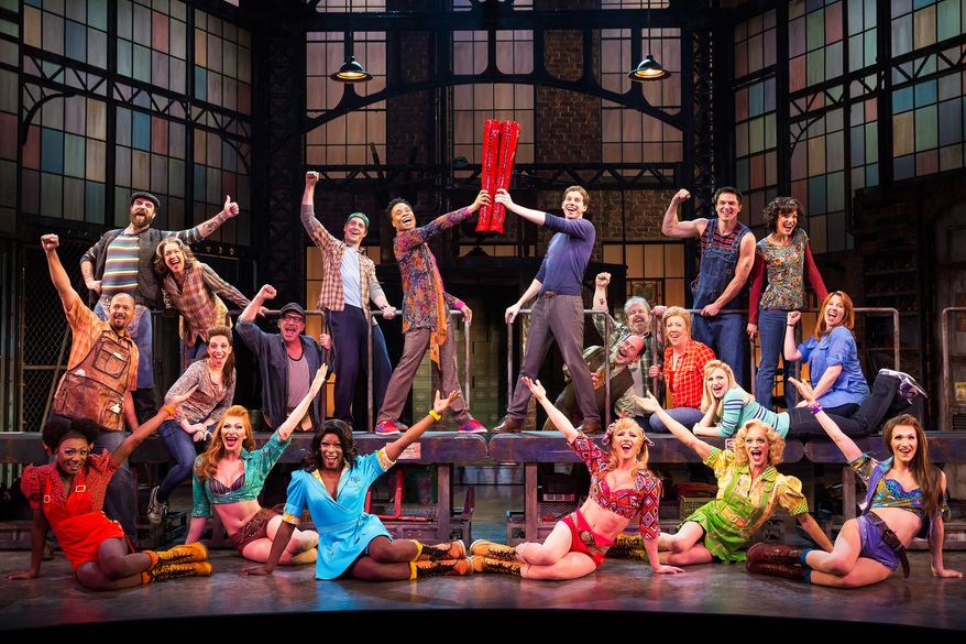 The cast performs in the Broadway musical "Kinky Boots," which garnered 13 Tony Award nominations this year. (AP Photo/The O+M Company, Matthew Murphy)