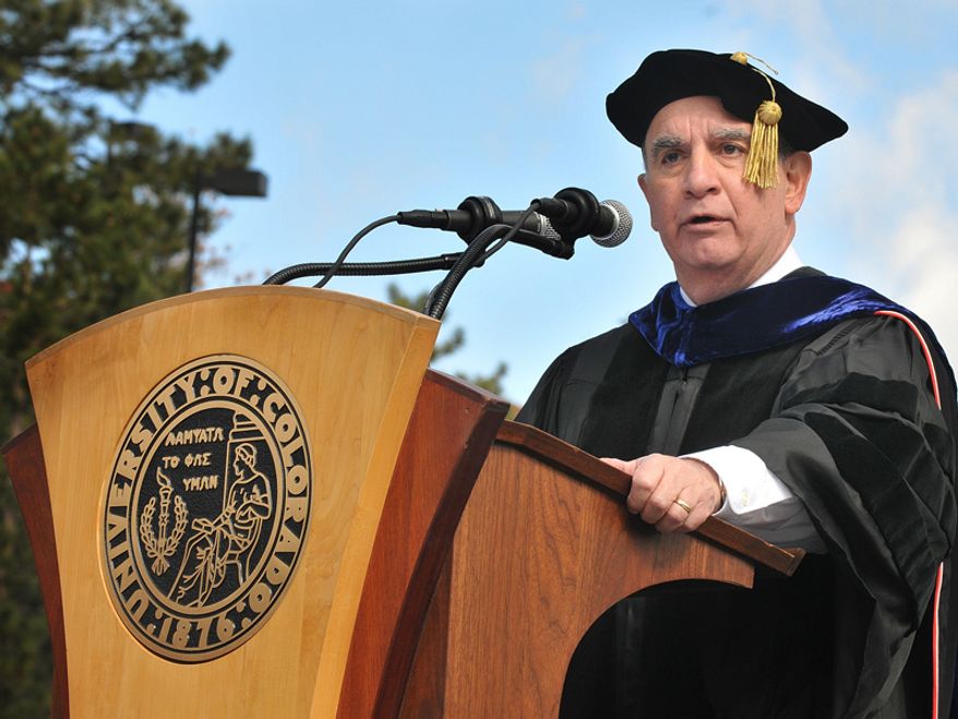 Chancellor Philip DiStefano addresses 5,500 graduates and their families and friends during spring commencement at Folsom Field at the University of Colorado at Boulder. (Source: University of Colorado) ** FILE **