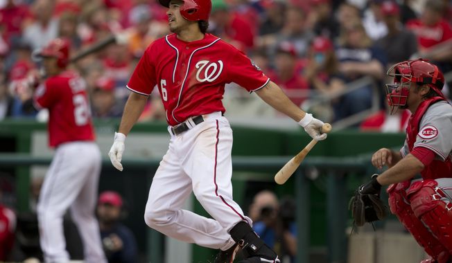 Washington Nationals Anthony Rendon bats during the third inning of a baseball game against the Cincinnati Reds at Nationals Park on Sunday, April 28, 2013, in Washington. (AP Photo/Evan Vucci)