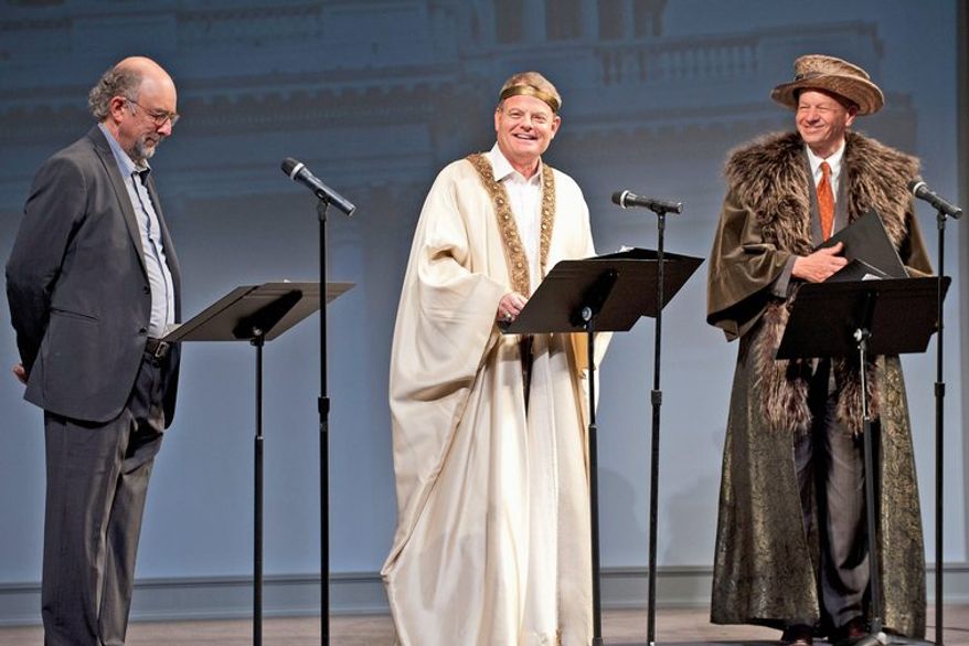 Richard Schiff as the Producer and Representatives Mike McIntyre and Thomas Petri as the Epilogue Chorus in the 2012 Will on the Hill. Photo by Margot Schulman.