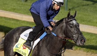 Exercise rider Victor Lebron rides Kentucky Derby hopeful Frac Daddy for a workout at Churchill Downs in Louisville, Ky., on April 30, 2013. (Associated Press)