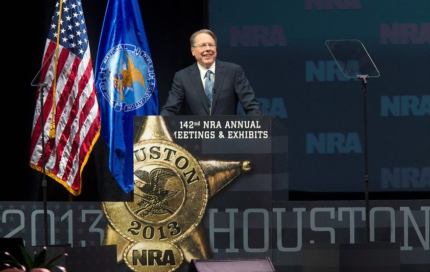 Wayne LaPierre, executive vice president of the NRA, speaks during the NRA Annual Meeting of Members at the National Rifle Association's 142 Annual Meetings and Exhibits in the George R. Brown Convention Center Saturday, May 4, 2013, in Houston. National Rifle Association leaders told members Saturday that the fight against gun control legislation is far from over, with battles yet to come in Congress and next year's midterm elections, but they vowed that none in the organization will ever have to surrender their weapons. (AP Photo/Houston Chronicle, Johnny Hanson)