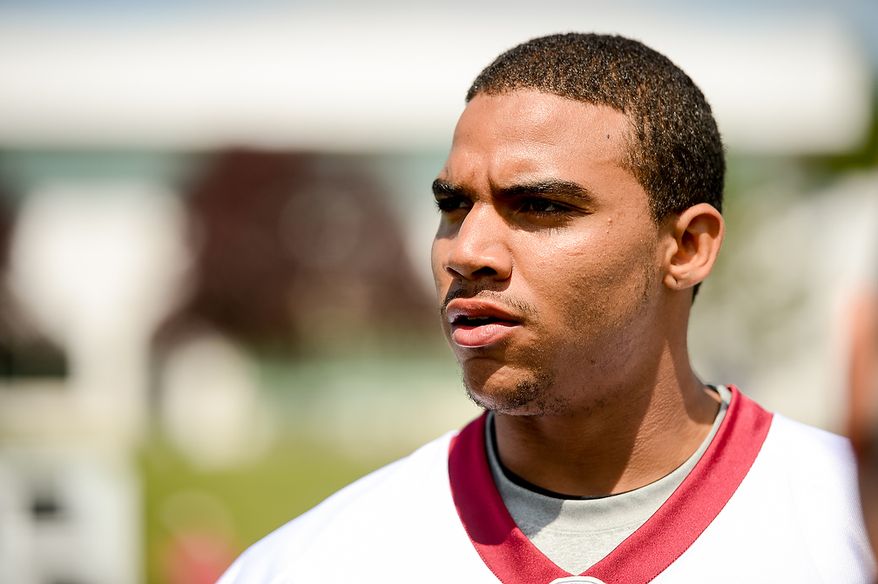Newly drafted Washington Redskins tight end Jordan Reed (86) talks to members of the media following rookie minicamp at Redskins Park in Ashburn, Va., on Sunday, May 5, 2013. (Andrew Harnik/The Washington Times)