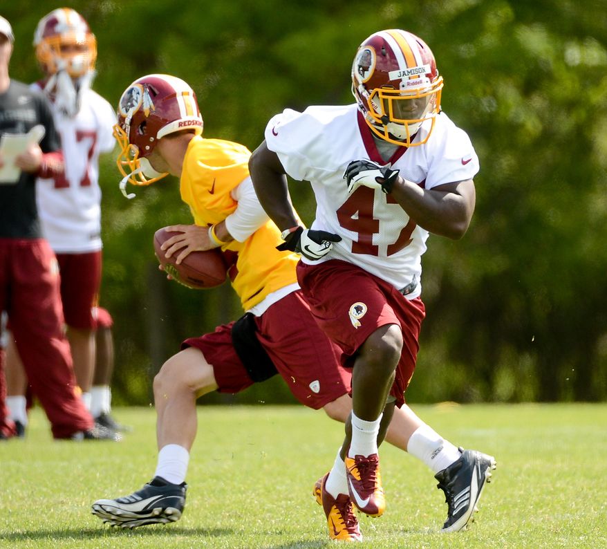 Newly drafted Washington Redskins running back Jawan Jamison (47) runs during a drill at the team's rookie minicamp at Redskins Park in Ashburn, Va., on Sunday, May 5, 2013. (Andrew Harnik/The Washington Times)